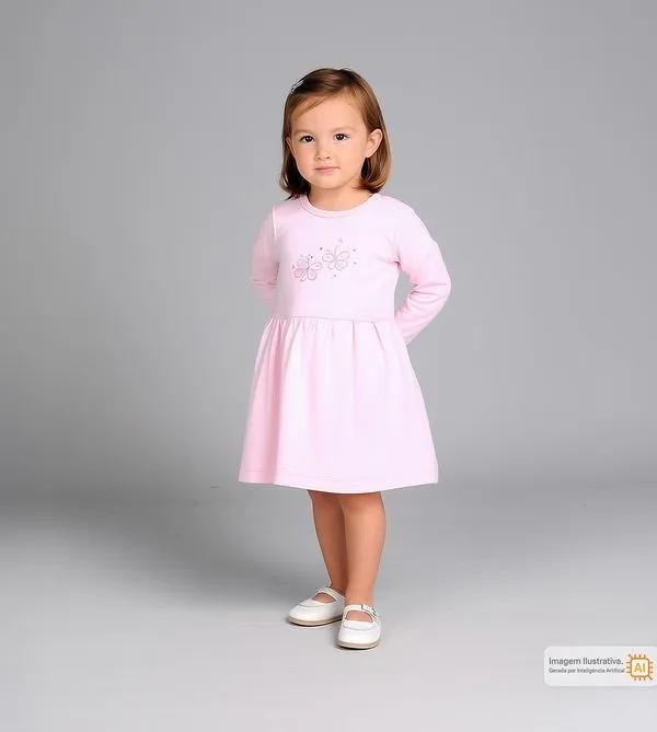 Vestido Manga Longa Borboletinha Rosa - P