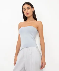 blusa tricot decote reto sem alça azul G