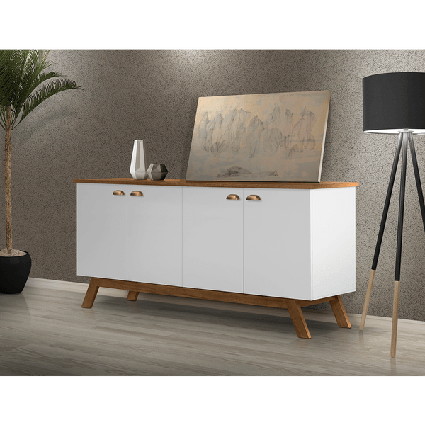 Buffet em MDF/Pinus Taeda, 4 Portas, 2 Prateleiras, Com Pés - Atlanta II Branco / Madeira