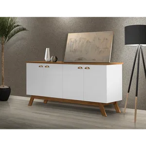 Buffet em MDF/Pinus Taeda, 4 Portas, 2 Prateleiras, Com Pés - Atlanta II Branco / Madeira