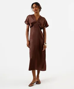 vestido midi feminino decote v com pregas acetinado - marrom P