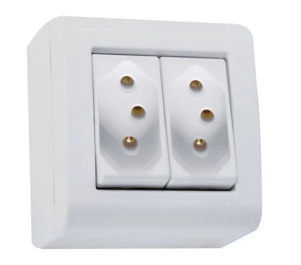 Tomada Sobrepor LIX Flex 2Pinos + Terra NBR/10A Branco Duplo com Caixa- Tramontina Eletrik