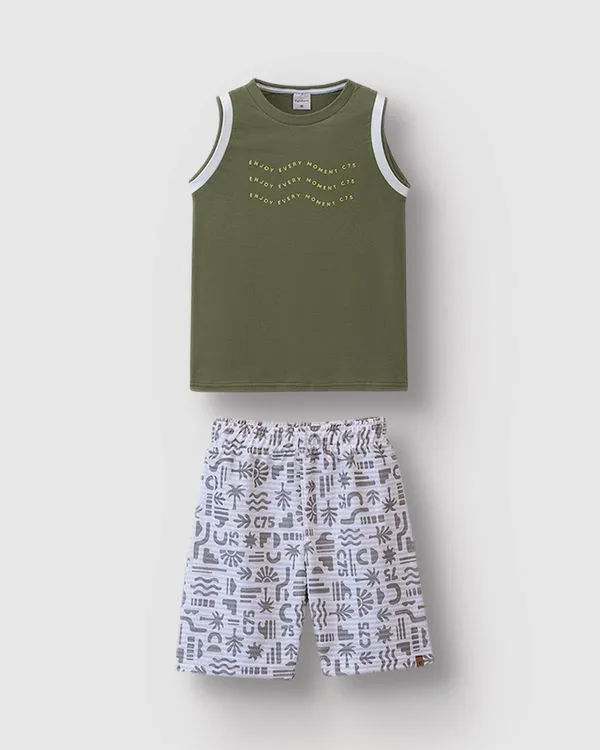 Conjunto Menino Bermuda Estampada Em Moletinho Listrado Linho - Carinhoso Verde - 14