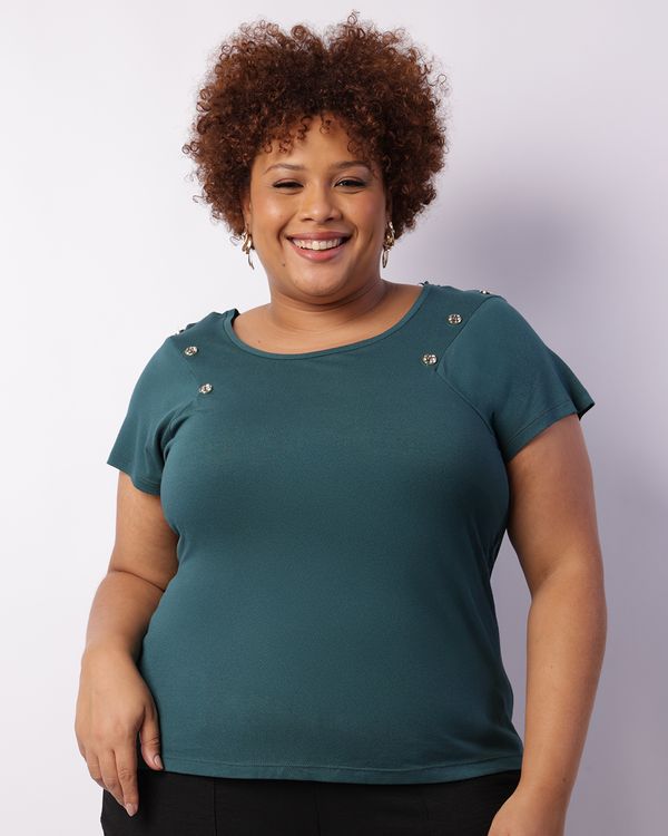 Blusa Plus Size Feminina Manga Curta Botões Decorativo Verde G1