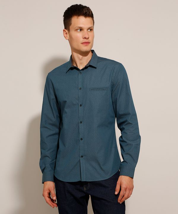 Camisa Slim Maquinetada Estampada Poá Manga Longa Azul P