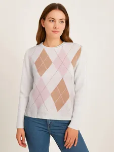 Blusão Tricot Xadrez Argyle Feminino BEGE P