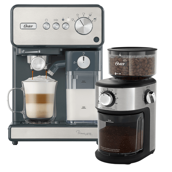 Kit Cafeteira Espresso PrimaLatte Inox e Moedor de Café Precision 18 níveis Oster - 127V