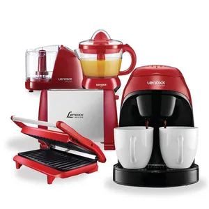 Kit Cafeteira 2 Xícaras PCA031 com Sanduicheira PGR155 Mini Processador PMP435 Espremedor PEF503 e Torradeira PTR203 Lenoxx Vermelha 127V