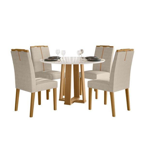 Conjunto de Mesa Redonda com Tampo de Vidro Off White Isabela e 4 Cadeiras Serena Bouclé Bege e Ypê