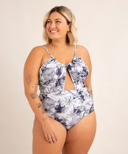 maiô body plus size estampado toile de jouy com recorte e amarração proteção uv50+ além dos mares noronha manu gavassi off white GG1
