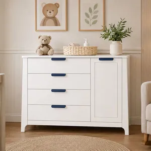 Comoda para Quarto Infantil 4 Gavetas + Porta com Cabideiro Theo Neve/Azul/Petróleo