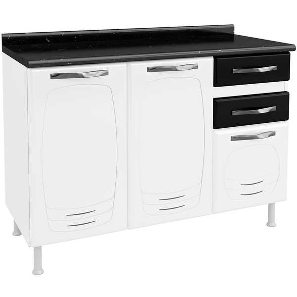 Balcão de Cozinha em Aço, 3 Portas, 2 Gavetas, Com Tampo - Telasul Pérola Branco / Preto