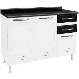 Balcão de Cozinha em Aço, 3 Portas, 2 Gavetas, Com Tampo - Telasul Pérola Branco / Preto