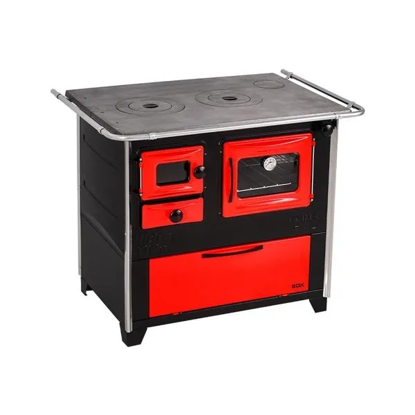 Fogão a Lenha 4 Bocas Hidro Prime Box N 2 Vermelho com Forno 40L Chapa em Ferro Fundido Fogão A Lenha Lado Direito Prime Box N 2 Vermelho Hidro