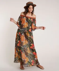 Vestido Saída de Praia Água de Coco Longo Ombro a Ombro Estampado Cesto de Frutas Manga 3/4 Verde G
