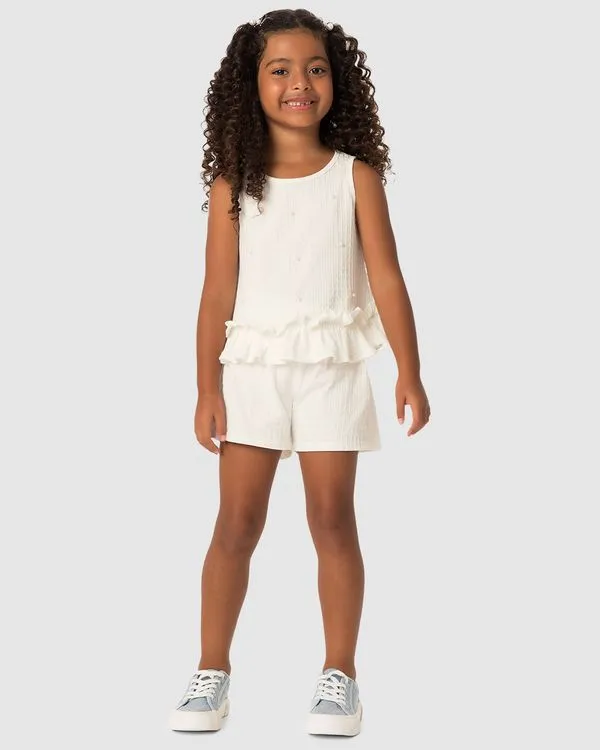 Conjunto Menina Regata Com Aplique De Pérolas Malha Texturizada - Carinhoso Off White - 16