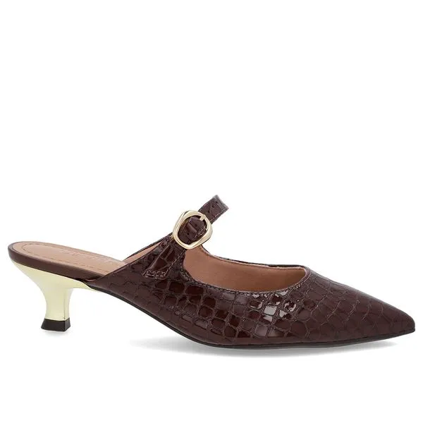 Mule Marrom Verniz Croco Salto Kitten Tira 35