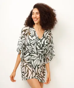 kaftan saída de praia tule folhagens verde GG