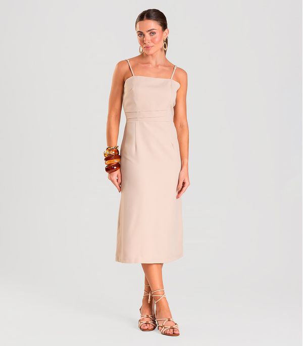 Vestido Midi Feminino Em Alfaiataria Lisa Ji Bege GG