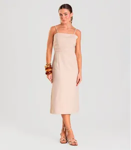 Vestido Midi Feminino Em Alfaiataria Lisa Ji Bege GG