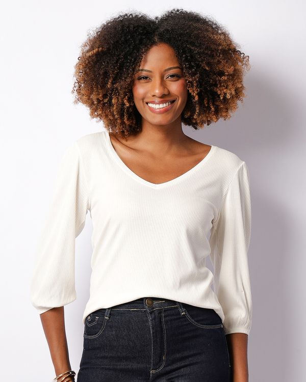 Blusa Feminina Viscose Canelada Manga 3/4 Decote V Off White GG