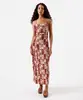 vestido midi feminino alça fina com linho e recorte estampado vinho P