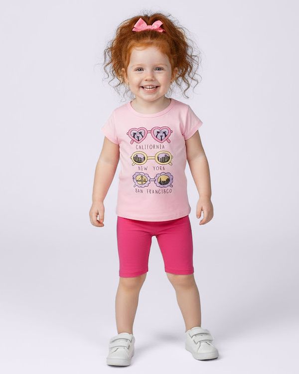 Blusa Bebê Estampa Óculos de Sol com Glitter Manga Curta Rosa 2
