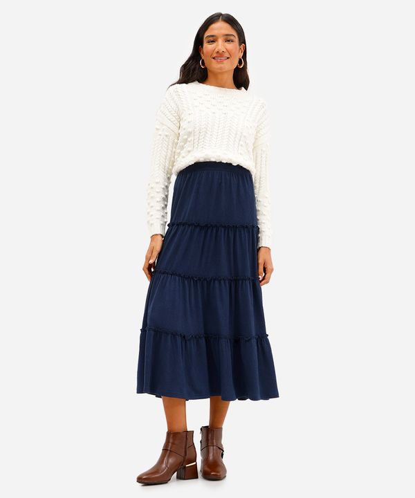 saia midi texturizada com frufru azul M