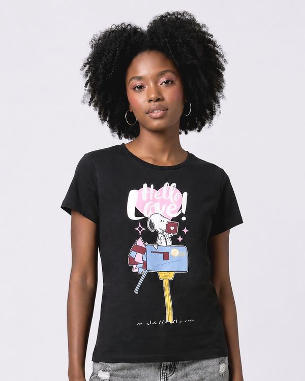 Camiseta Feminina Algodão Snoopy Manga Curta Preta G
