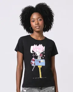 Camiseta Feminina Algodão Snoopy Manga Curta Preta G