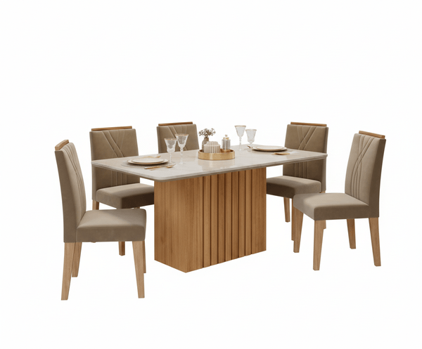 Conjunto Sala de Jantar 1,80m Tampo de Vidro Ana e 6 Cadeiras Nicole Nature Off White - Cimol