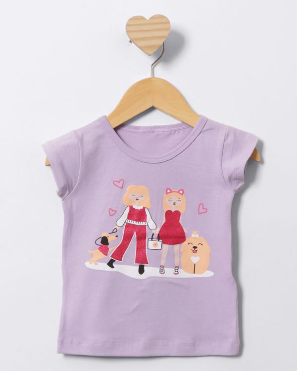 Blusa Bebê Estampa Meninas Com Bichinhos Manga Curta Lilás 2