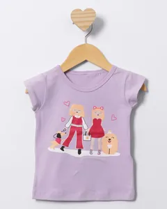 Blusa Bebê Estampa Meninas Com Bichinhos Manga Curta Lilás 1