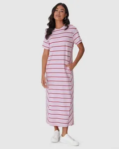 Vestido Midi Feminino Listrado Bolso Funcional Em Malha Algodão Rosa - GG