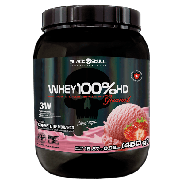 Suplemento Proteico Pó Sorvete de Morango Zero Lactose Caveira Preta Black Skull Whey 100% HD Gourmet Pote 450g