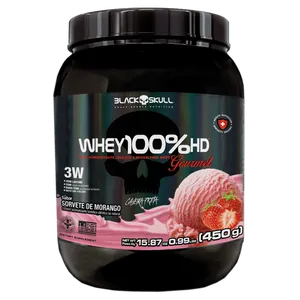Suplemento Proteico Pó Sorvete de Morango Zero Lactose Caveira Preta Black Skull Whey 100% HD Gourmet Pote 450g