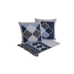 Kit Xale para Sofá Grécia 5 Peças com Franjas Dupla Face Tecido Jacquard Azul Valle Distribuidora Kit Xale para Sofá Grécia 5 Peças com Franjas Jacquard Azul Valle Distribuidora