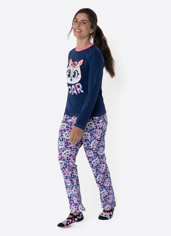 Pijama Manga Longa Algodão Feminino Onça PP