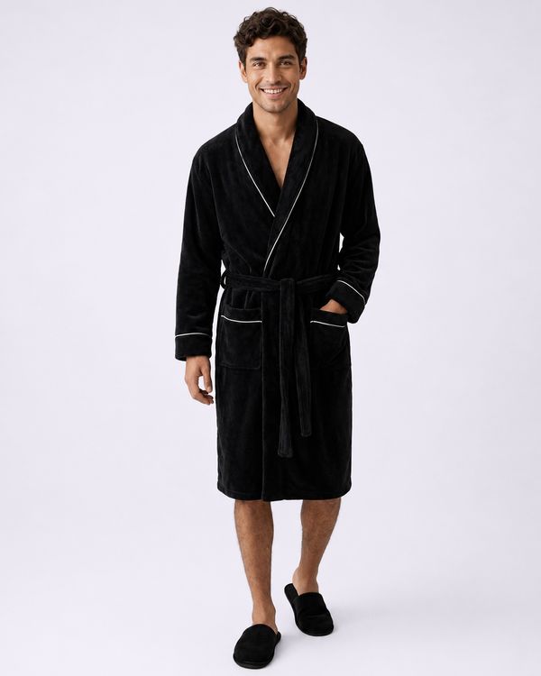 Roupão Kimono Plumagem Fleece com Vivo Preto UN