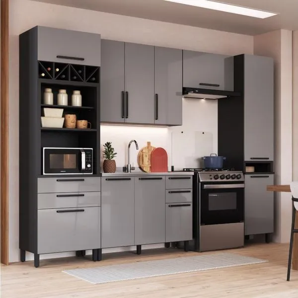 Cozinha Modulada Completa Fidelitá Mônaco 5 Peças 320cm 11 Portas 4 Gavetas Sem Tampo Chumbo/titânio