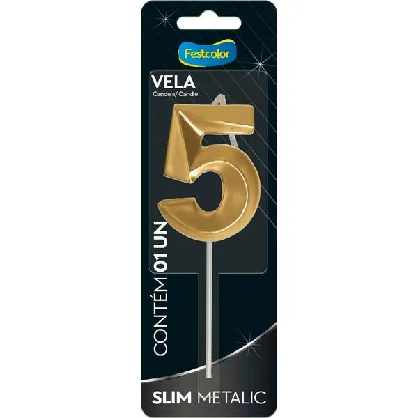 Vela Slim Metallic Nº5 Festcolor Ouro (MP)