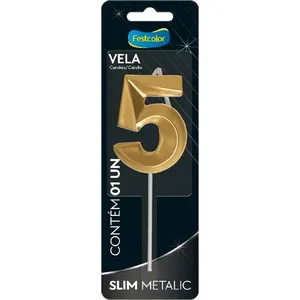 Vela Slim Metallic Nº5 Festcolor Ouro (MP)