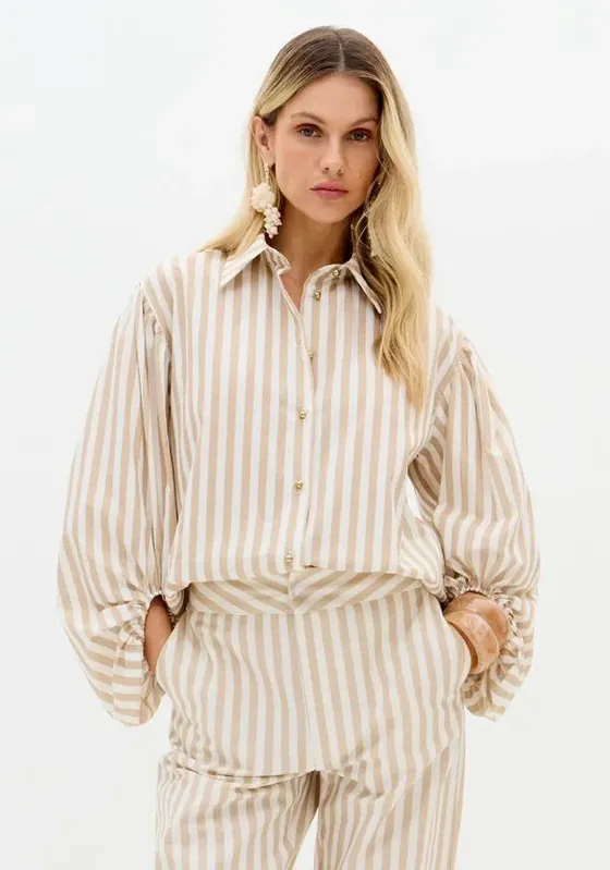 Camisa Alongada Manga Balonê bege G