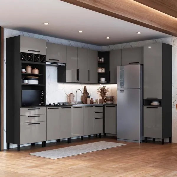 Cozinha Modulada Completa Fidelitá Mônaco 9 Peças 549cm 16 Portas 4 Gavetas Sem Tampo Chumbo/titânio