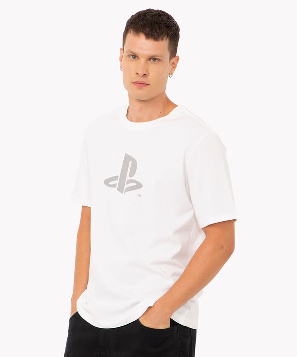 camiseta de algodão playstation manga curta branco PP