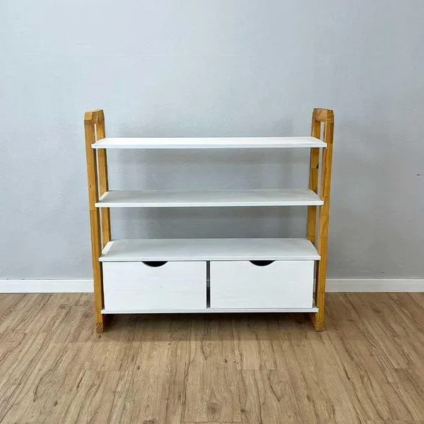 Aparador Linea Ample 4 Prateleiras 2 Gavetas Madeira Pinus Branco e Nozes Artfactory Design