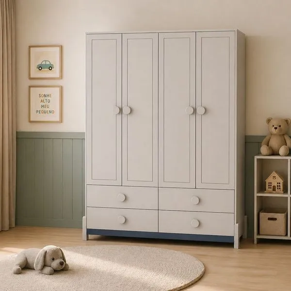 Guarda-Roupa Infantil 4 Portas 4 Gavetas MDF Luna Bege