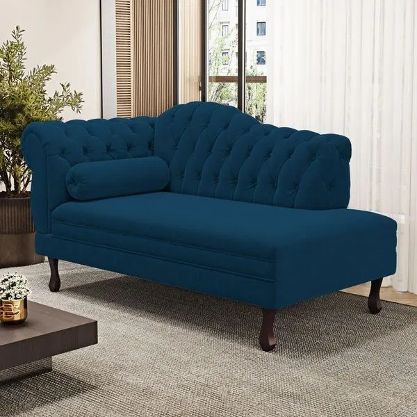 Divã Recamier Lavínia Clássico 120cm Capitonê Com Pés De Madeira Veludo Azul Marinho - Desk Design