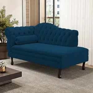 Divã Recamier Lavínia Clássico 120cm Capitonê Com Pés De Madeira Veludo Azul Marinho - Desk Design