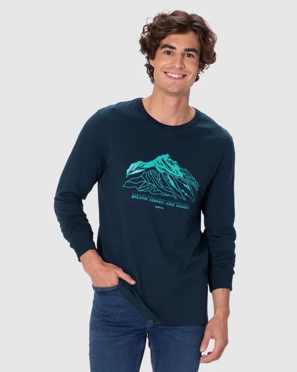 Camiseta Masculina Slim Manga Longa Estampa Frontal Em Algodão Azul - M